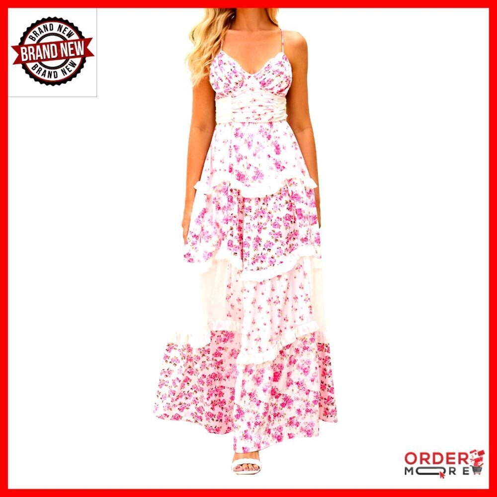 Floral Maxi Dress Bohemian Patchwork Tiered Skirt V Neck Summer Fall